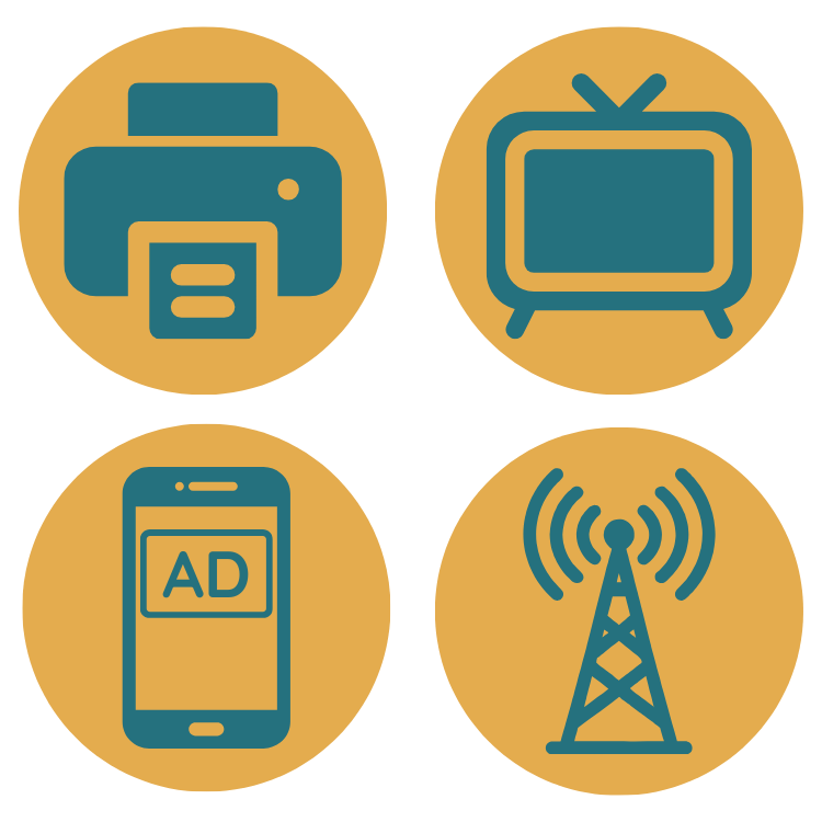 A printer icon, television icon, smartphone icon and broadcast tower icon.